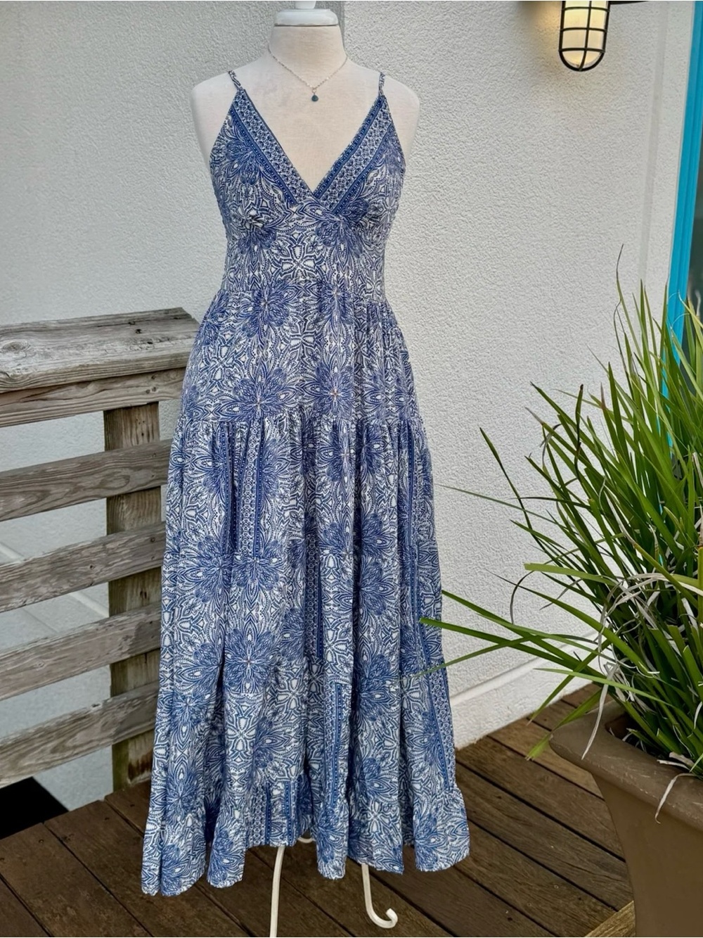 Boutique Paani Blue Printed V-Neck Maxi Dress with Spaghetti Straps